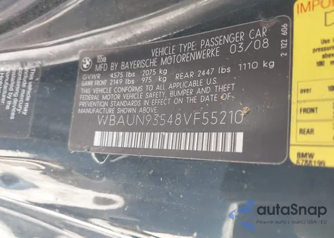 2008 BMW 135I z USA, uszkodzony, nr VIN WBAUN93548VF55210